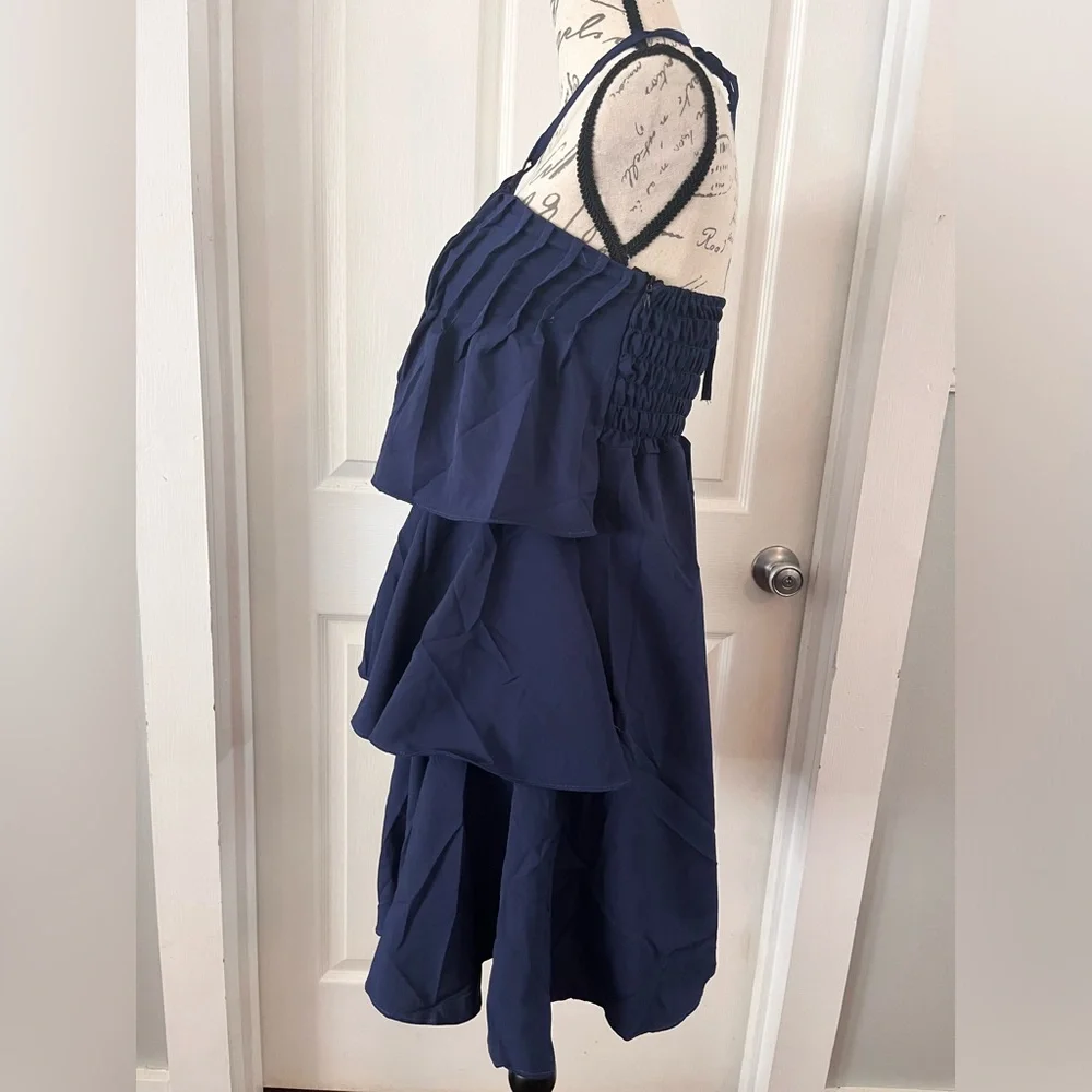 NWT Navy Blue Tiered Halter Mini Sundress Smocked Sz Small Tie Neck Bohemian - Picture 2 of 10